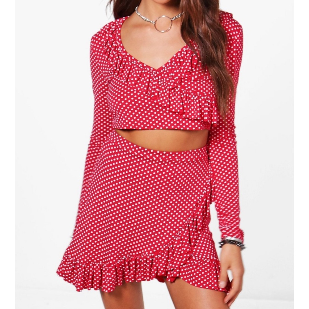 Polka Dot Ruffle Crop Top & Skirt Co-Ord Set